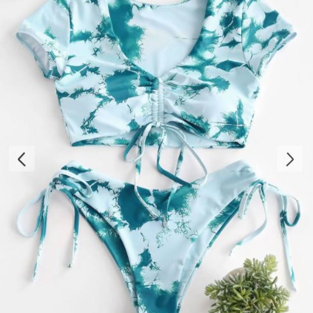 ZAFUL Cinched Tie Dye Two Piece Swimsuit - Deep Green - Size Large